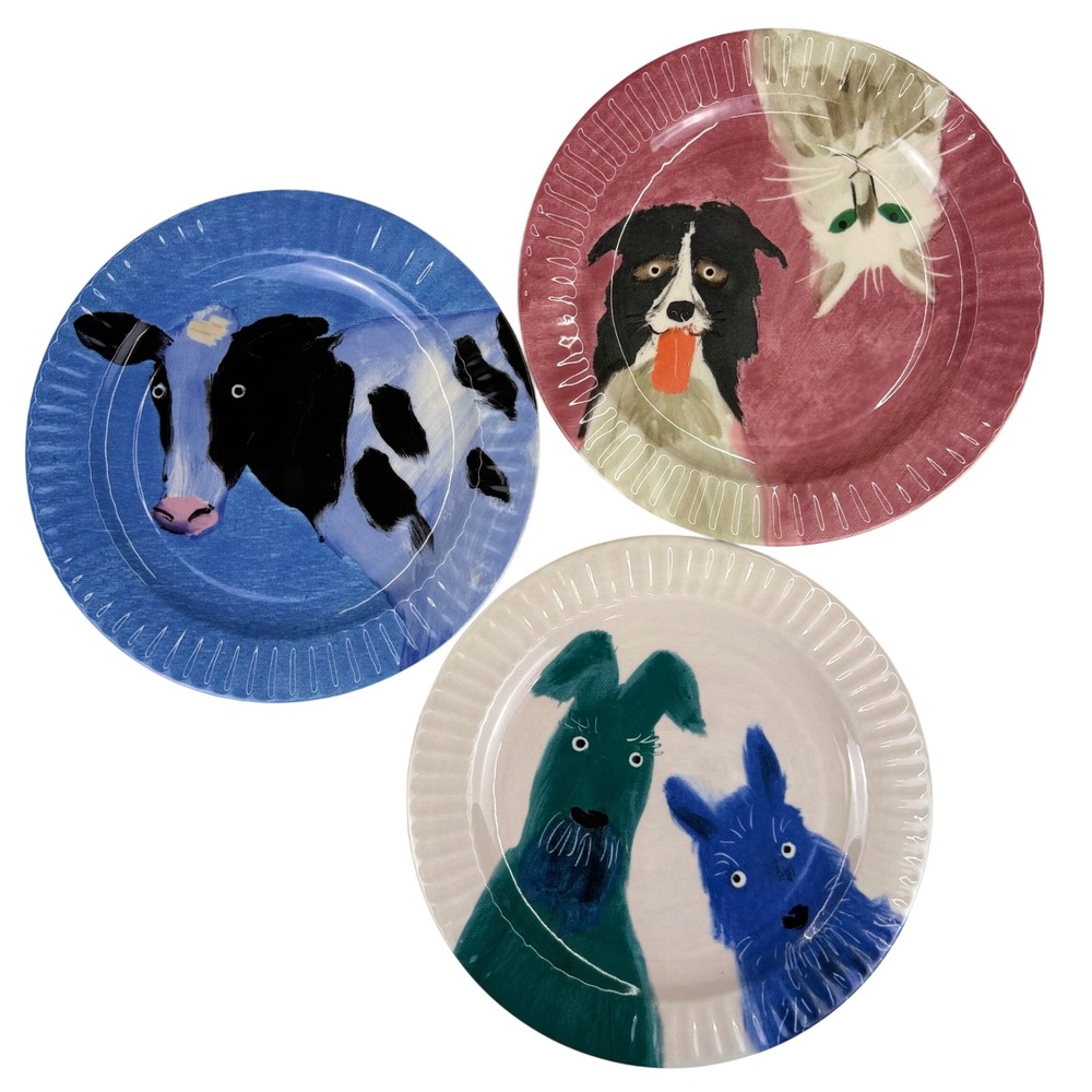 Holly Frean x Anthropologie The Farm Animal Plates Set of 3 Cow Dog Cat No 5 7 8